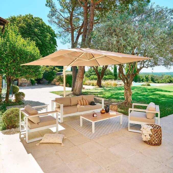 Parasol déporté rectangulaire inclinable MELHIA Lin / Argile 4 x 3 m - Aluminium traité époxy, Acier, Oléfine